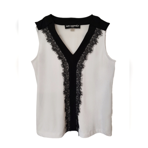Karl Lagerfeld Tops - 🎉HOST PICK🎉 Karl Lagerfeld white black trim sleeveless stretch blouse XS